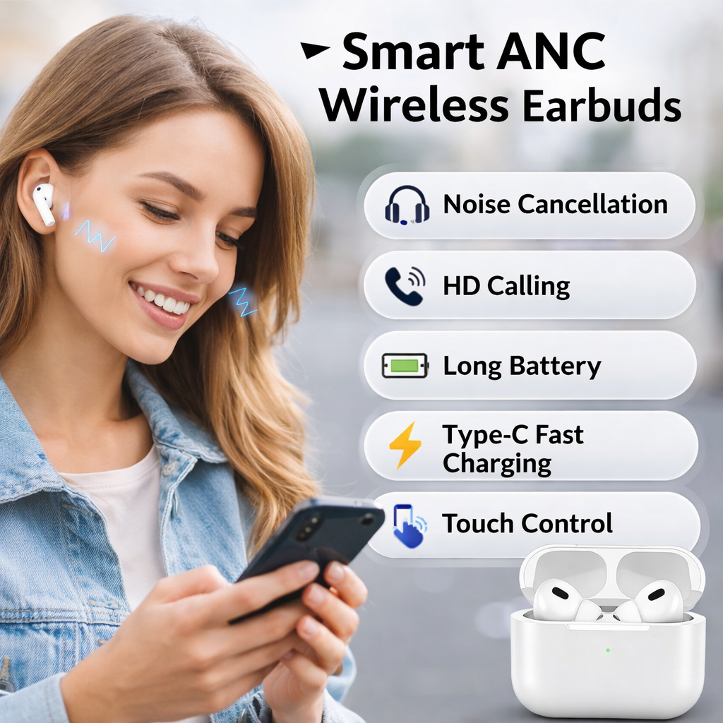 DLS ANC PRO2 Wireless Bluetooth airpods with ENC Noise Cancellation, HD Sound, Fast Charging, Lightweight Design for Calling & Music (White)