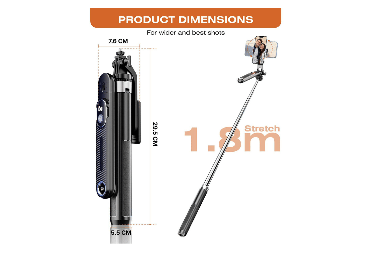 DLS R1-L Selfie Stick Tripod with Bluetooth Remote, 360° Rotation, Extendable, Compatible with Android & iPhone for Selfie, Video & Vlogging – Black
