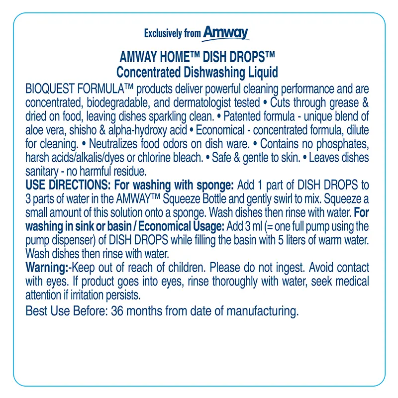 Amway Home Concentrated Dishwashing Liquid | Bioquest Formula™ | Grease-Cutting, Eco-Friendly Dishwash | Safe on Hands | For  All Utensils
