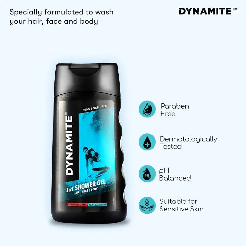 Amway Dynamite 3-in-1 Shower Gel for Body, Face & Hair | Red Algae Extract Formula | pH Balanced & Paraben-Free Body Wash | All Skin Types