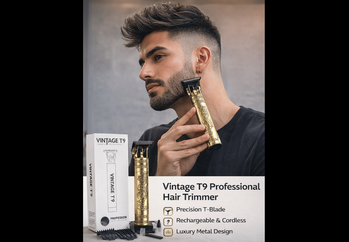 DLS Vintage T9 Professional Hair Trimmer for Men, Cordless Beard Trimmer, Sharp Blade, Rechargeable Grooming Kit (Golden)