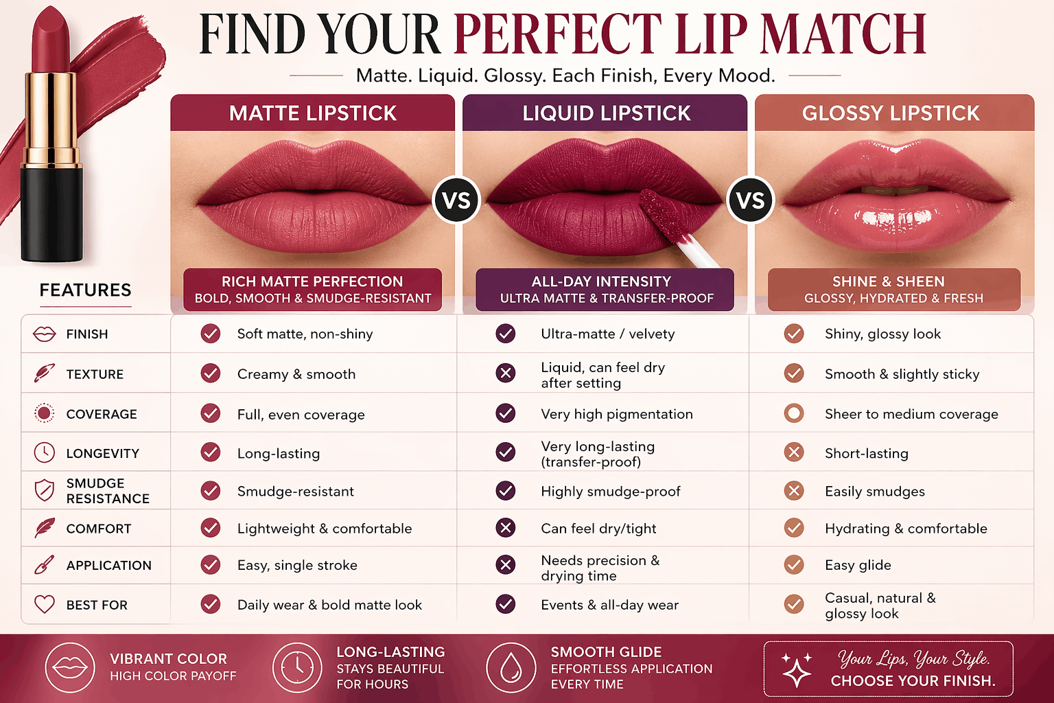 Amway Matte Finish Lipstick | Long-Lasting Smudge-Proof Lip Color | High Pigment, Full Coverage | Smooth Glide, Preservative-Free | Intense Matte Lipstick