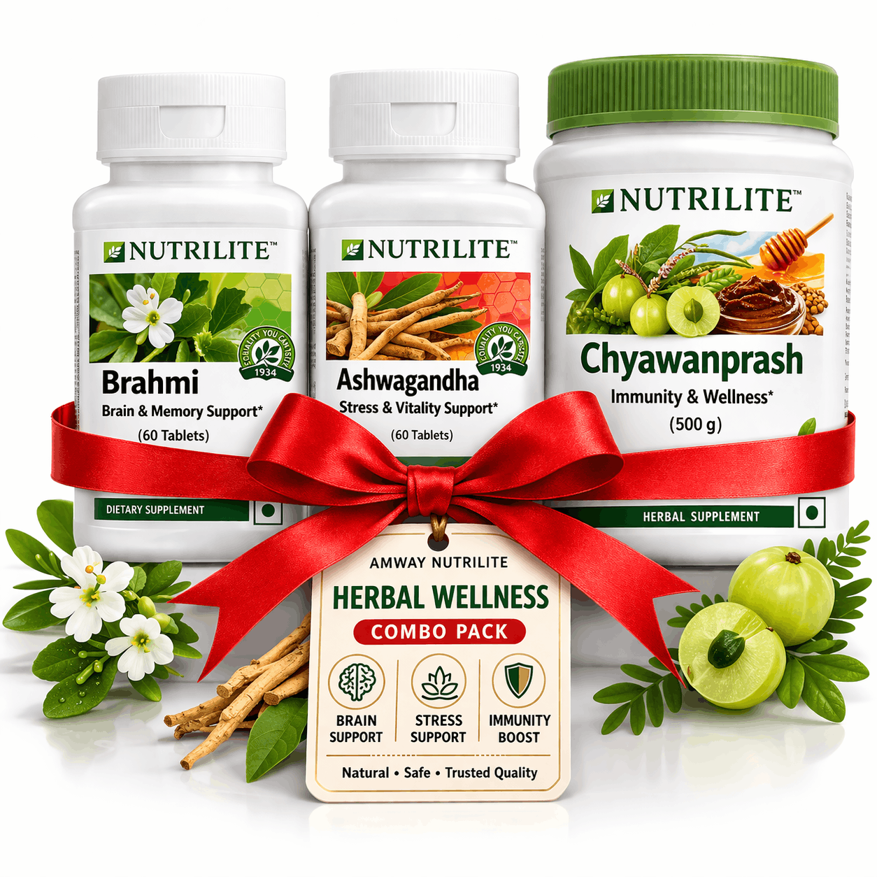 Amway Nutrilite Herbal Wellness Combo – Brahmi (60 Tabs) + Ashwagandha (60 Tabs) + Chyawanprash (500g) | Brain, Immunity & Stress Support