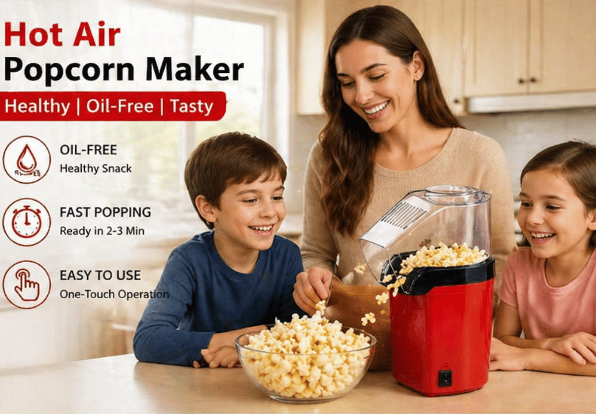 DLS Hot Air Popcorn Maker | Oil-Free Healthy Snack Maker Machine | Electric Fast Popping in Minutes | Compact & Easy to Use (Red & Black)