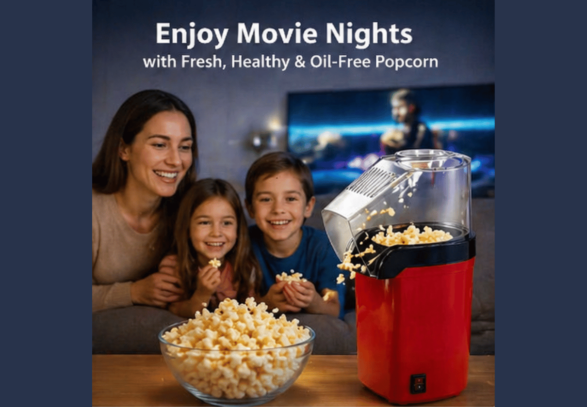 DLS Hot Air Popcorn Maker | Oil-Free Healthy Snack Maker Machine | Electric Fast Popping in Minutes | Compact & Easy to Use (Red & Black)