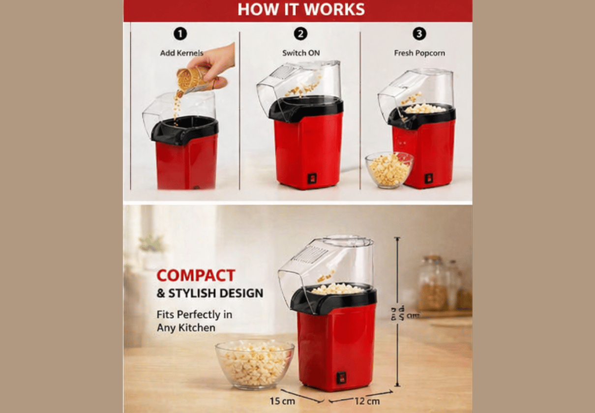 DLS Hot Air Popcorn Maker | Oil-Free Healthy Snack Maker Machine | Electric Fast Popping in Minutes | Compact & Easy to Use (Red & Black)