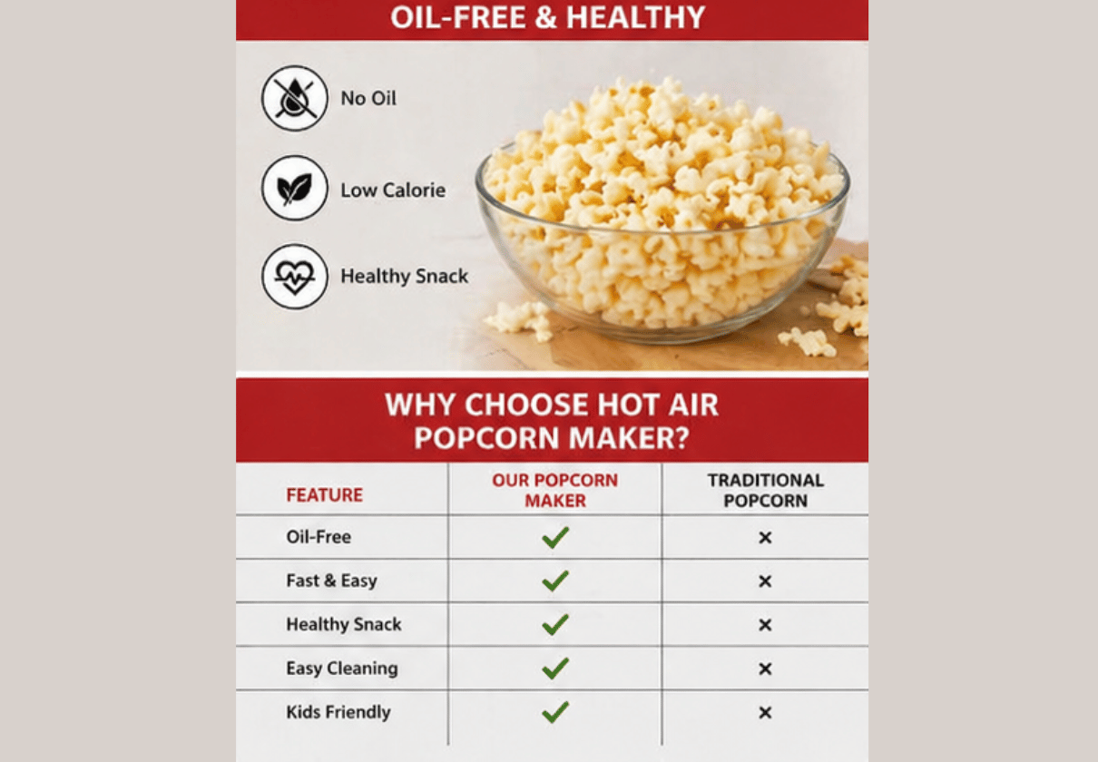 DLS Hot Air Popcorn Maker | Oil-Free Healthy Snack Maker Machine | Electric Fast Popping in Minutes | Compact & Easy to Use (Red & Black)