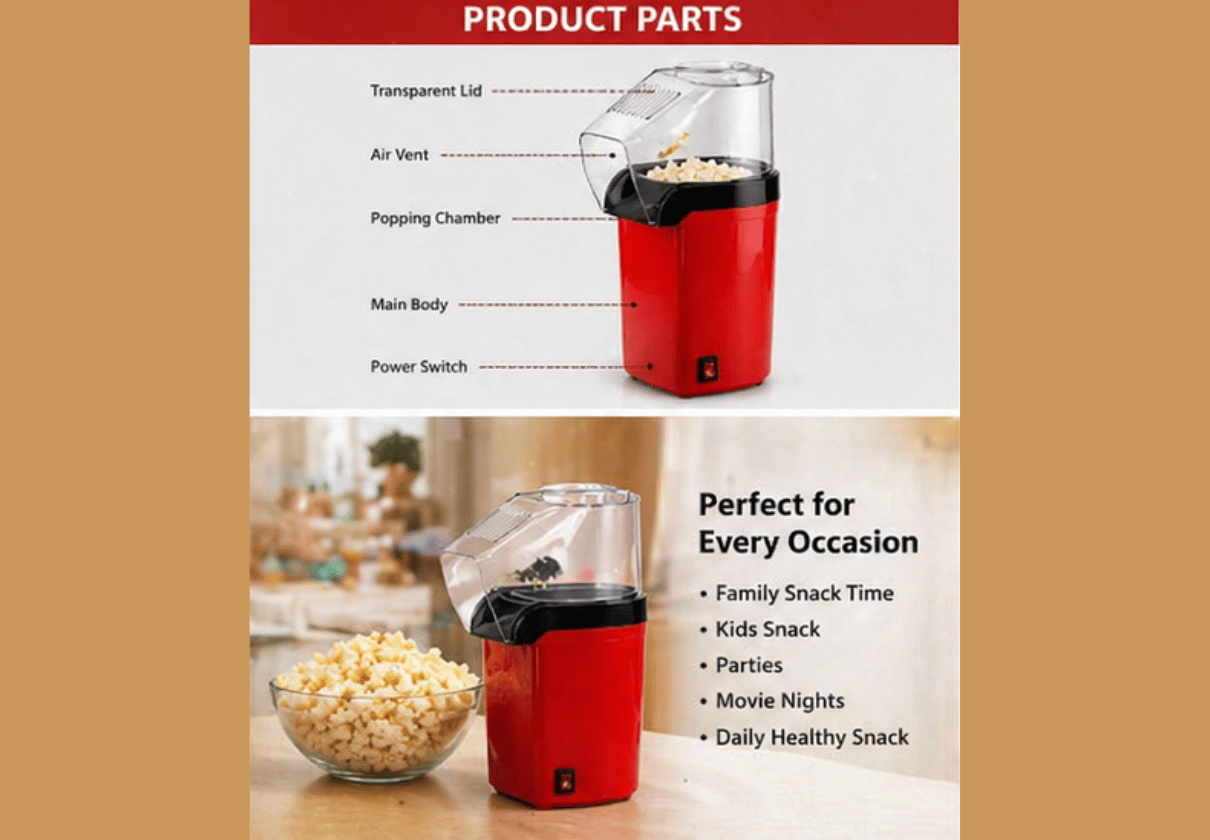 DLS Hot Air Popcorn Maker | Oil-Free Healthy Snack Maker Machine | Electric Fast Popping in Minutes | Compact & Easy to Use (Red & Black)