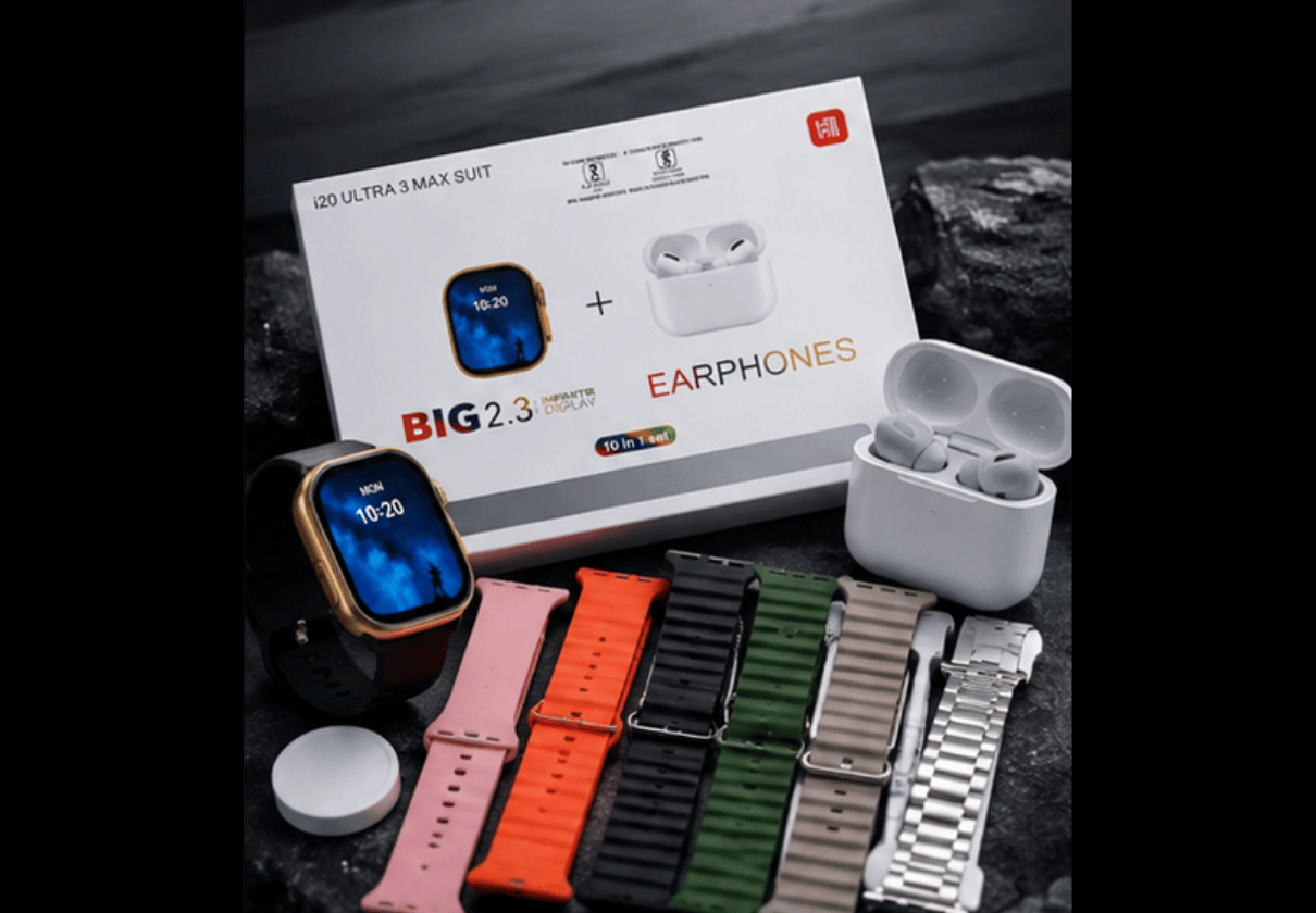 DLS Portable i20 Ultra 3 Max Smart Watch Combo with Wireless Earbuds | Multi Strap Gift Set Fitness Smartwatch for Android & iOS