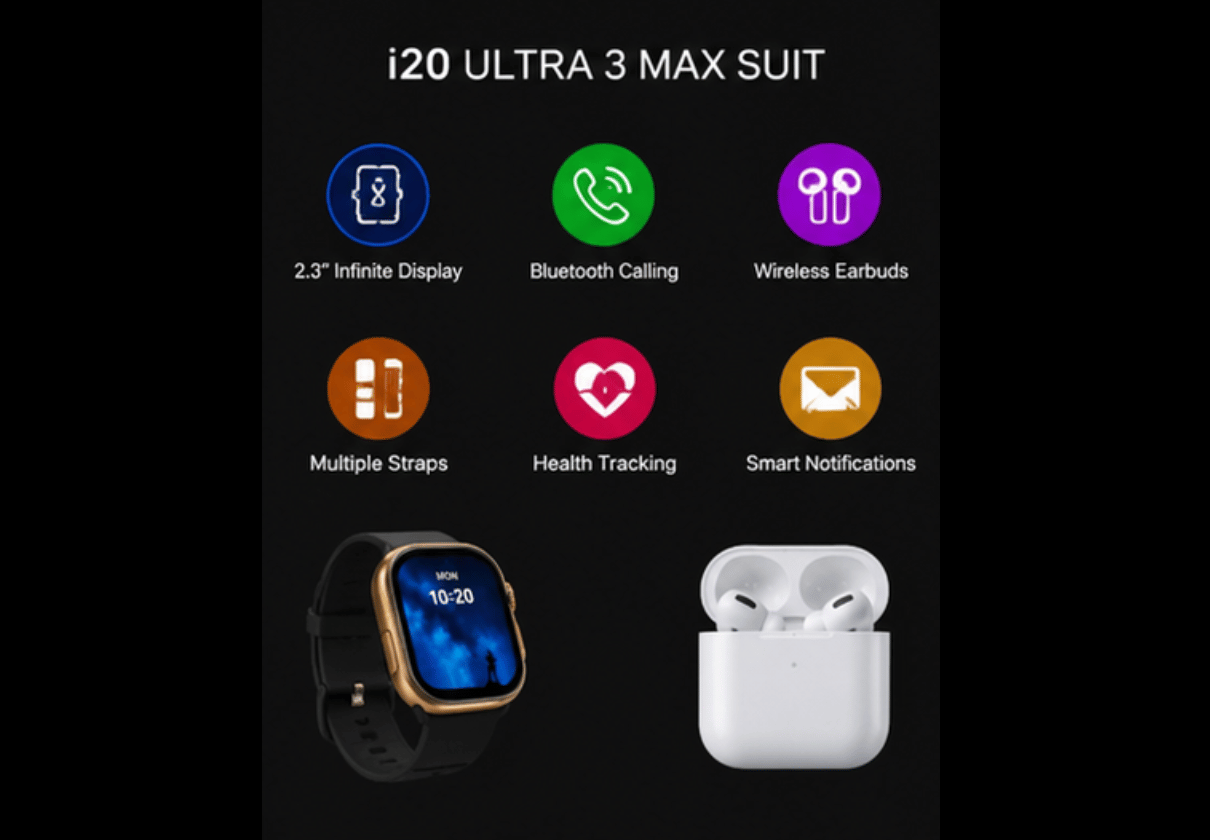 DLS Portable i20 Ultra 3 Max Smart Watch Combo with Wireless Earbuds | Multi Strap Gift Set Fitness Smartwatch for Android & iOS