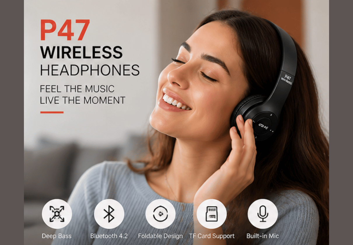 DLS P47 Wireless Bluetooth Headphones 4.2+EDR | Over-Ear Foldable with Deep Bass, FM Radio, TF Card Support | Compatible with all device