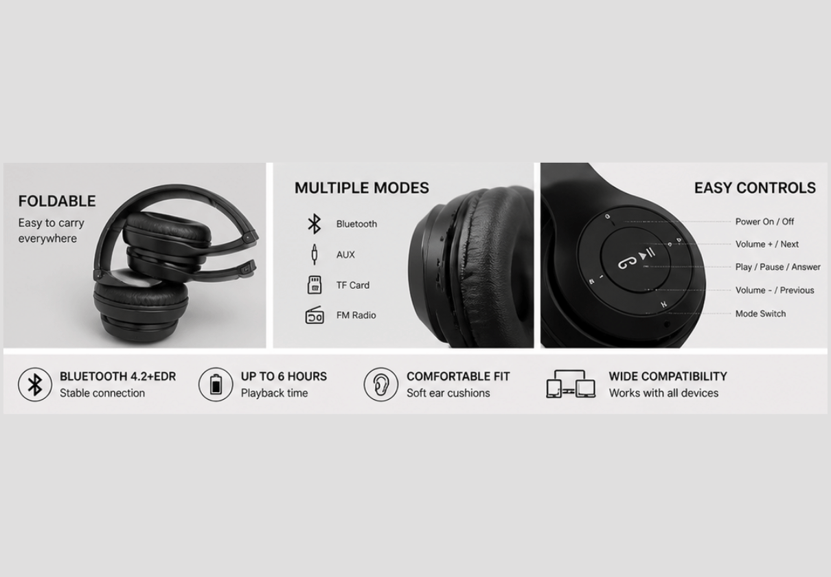 DLS P47 Wireless Bluetooth Headphones 4.2+EDR | Over-Ear Foldable with Deep Bass, FM Radio, TF Card Support | Compatible with all device